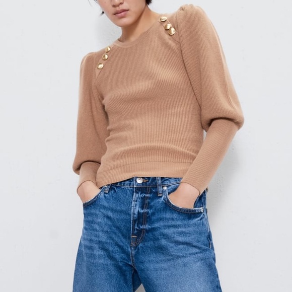 Zara Tan Gold Button Puff Sleeve Sweater - Picture 2 of 6